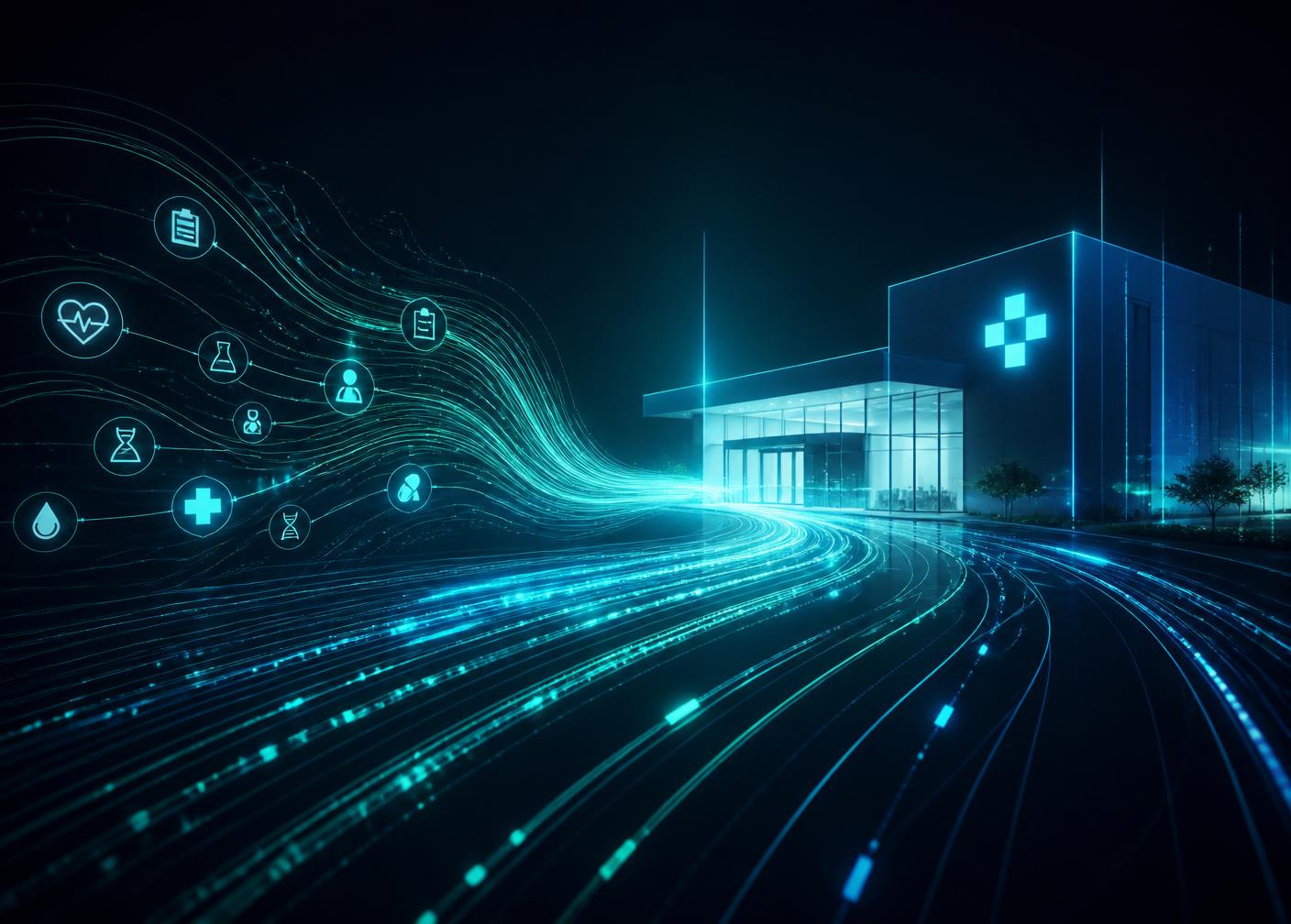 Visualización abstracta del flujo de datos conectando con una clínica moderna