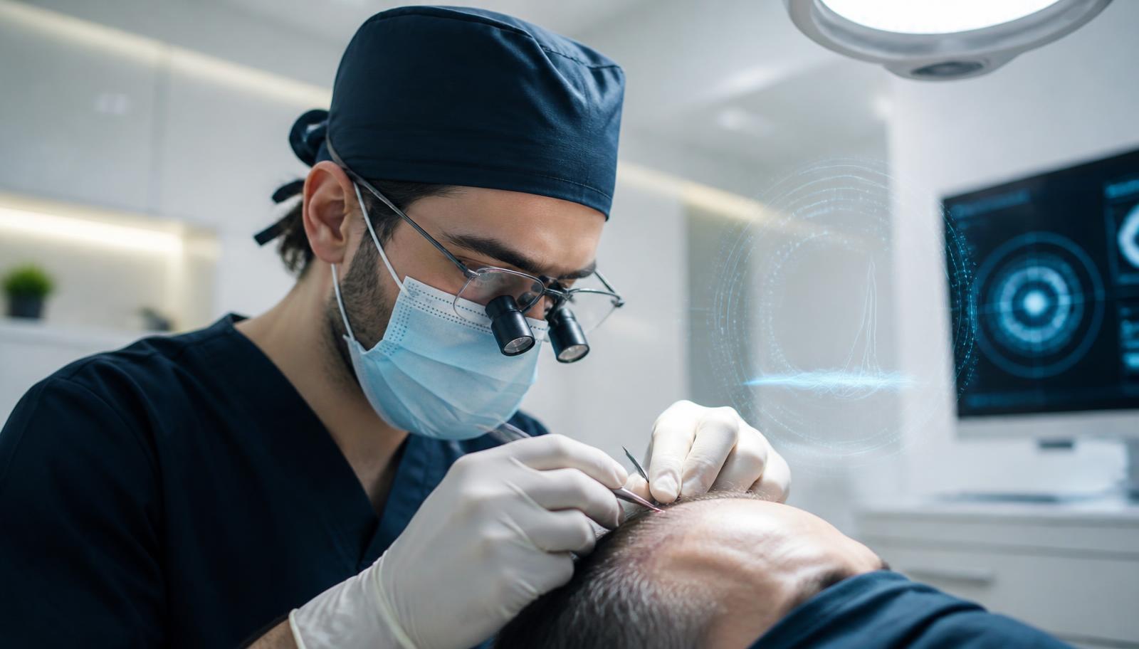 Profesional médico realizando un injerto capilar en una clínica moderna